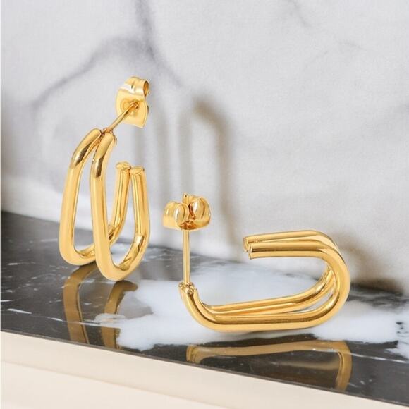 NEW 18K yellow gold plated double layer C shaped hoop drop earrings jewelry B15A - Picture 1 of 6